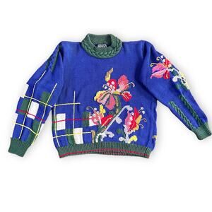 Vintage Berek Marta D Hand knit Floral Plaid Sweater 89 Grandmacore Granny